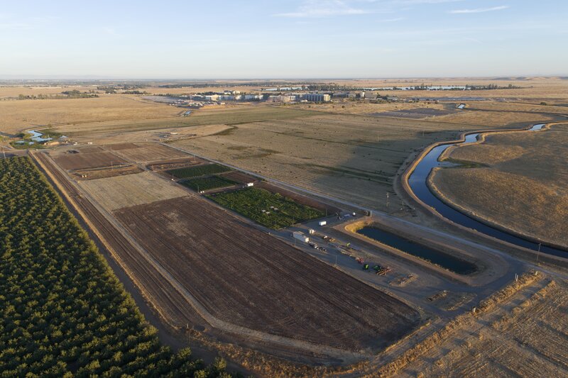 Aerial view of the Experimental Smart Farm showing research plots and UC Merced campus