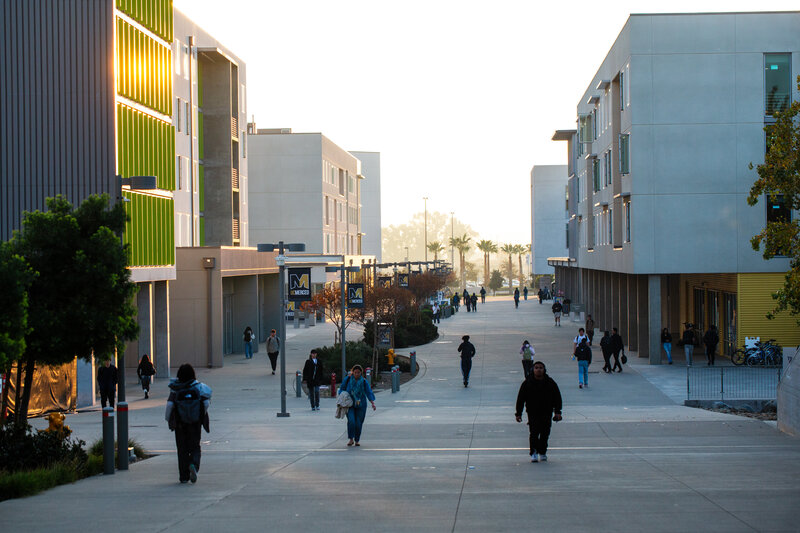 UC Merced campus pedestrian plaza with students